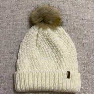 Eddie Bauer Cream Beanie With Faux Fur Pom Pom